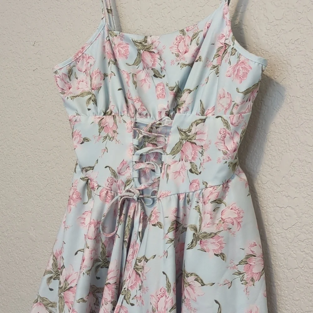 Shein MOD light blue pink ditsy floral lace up strapless mini dress - Picture 5 of 12